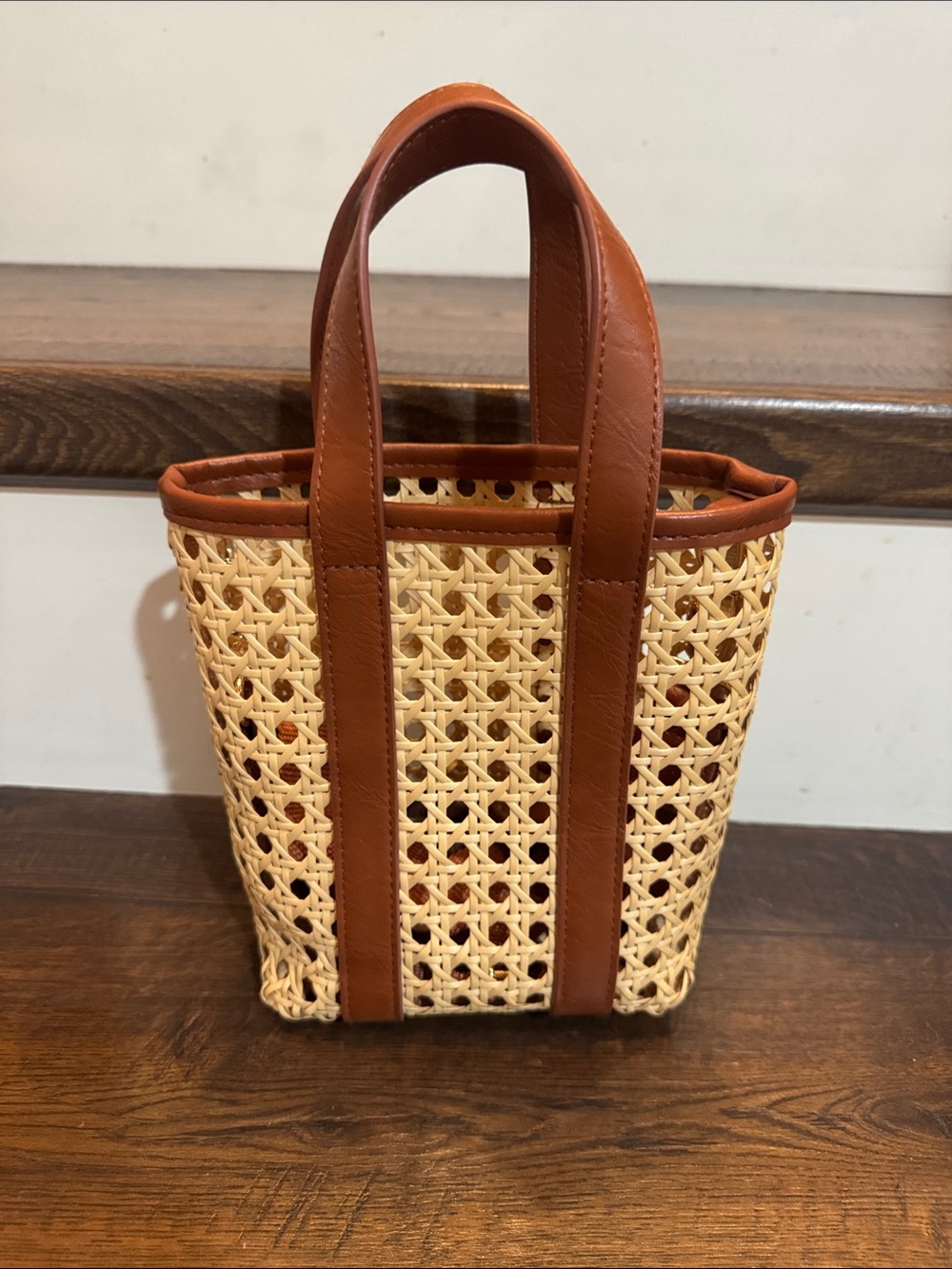 Target Woven Rattan caning Tote with Brown Trim